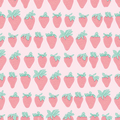 Cartoon strawberries vector repeat pattern. Cute pink fruit seamless illustration background.