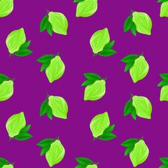 A seamless green lime pattern on purple background. The seamless pattern of fresh citrus fruit lime with green leaves. Hand drawn gouache painting
