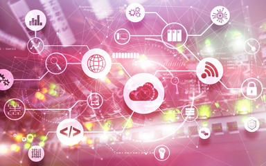 Fototapeta premium Connection Network Project 2020. Mixed Media Graphics on Virtual Screen Data Center. Cloud omputing.