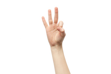 Hand on a white background. Hand shows three fingers
