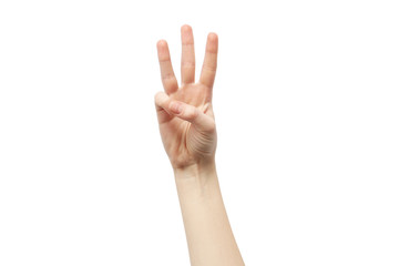 Hand on a white background. Hand shows three fingers