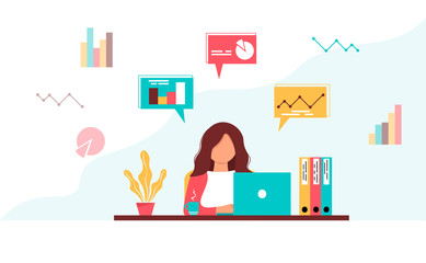 Office worker. Woman works on a laptop. Data analysis, strategy. Woman works with data on laptop in office. Isolated flat vector illustration.