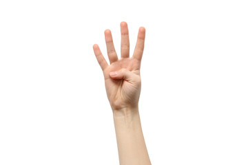 Hand on a white background. Hand Shows Four Fingers