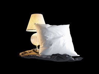 An artistic composition on the theme of sleep. White pillow, night lamp and warm blanket on a black...