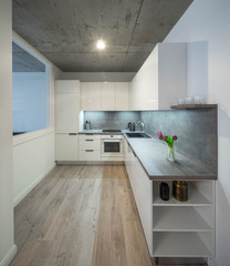 Modern interior of kitchen in private house. Clean white kitchen set. Flowers.