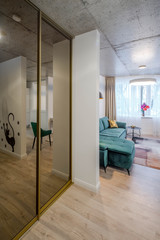 Modern contemporary interior of flat. Living room with cozy sofa. View from hall.