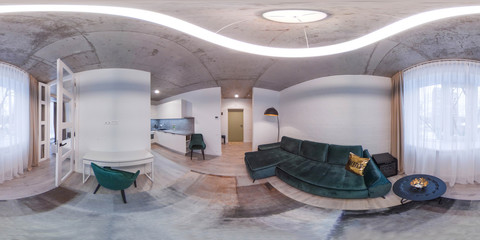 360 panorama view in modern loft apartment interior. White kitchen set. Living room. ENtrance door.