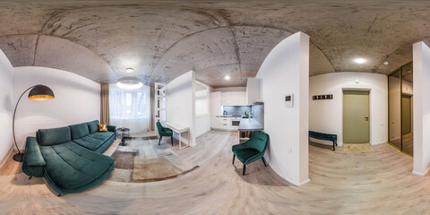 360 panorama view of modern loft apartment interior. White kitchen set. Living room. Entrance door.