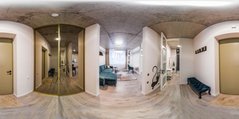 360 panorama view in modern loft apartment interior. Entrance hall. Living room. Bathroom.