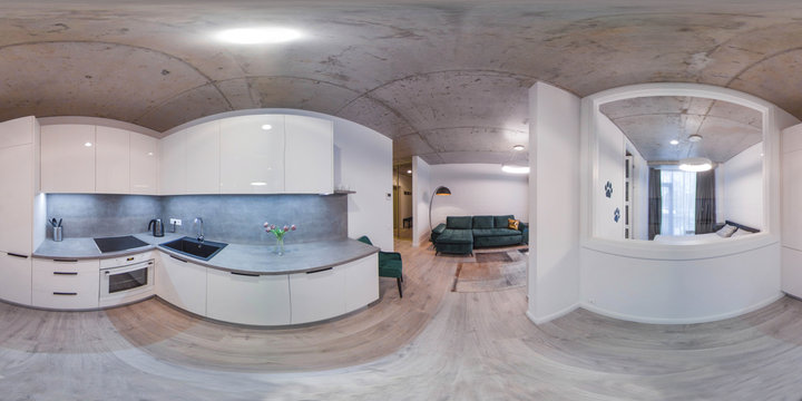 360 panorama view in modern loft apartment interior. White kitchen set. Living room. Bedroom.