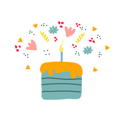 Bright appetizing cream cakes and candles isolated on white background. Delicious birthday cake. Vector flat illustration