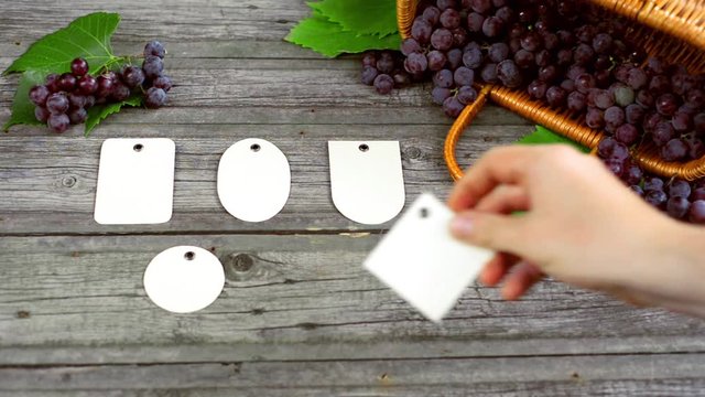 Vine with grapes, leaves on vintage rustic wooden table. Set of differents paper tags template in center