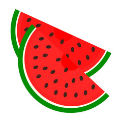Isolated juicy and fresh red watermelon with a green crust and numerous black seeds on a white background. Halves, slices. Flat style. Vector drawing. Color icon