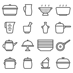 Kitchen utensil icons set. Contains various options for ceramic dishes. Linear minimalist design. Isolated vector on a white background.