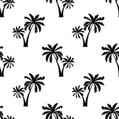 Black palm trees contour seamless pattern isolated on white background.