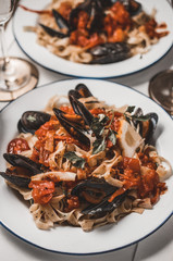 Pasta with seafood and tomato sauce