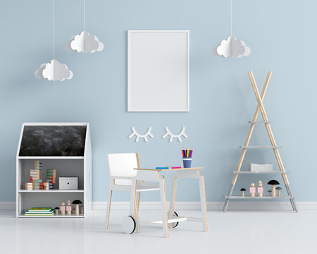 Blank photo frame for mockup in blue child room, 3D rendering