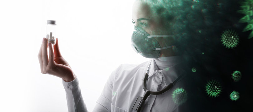 Double Exposure Of Female In Medical Mask And Abstract Virus Strain Model Of MERS-Cov. Coronavirus 2019-nCov. Portrait Of Young Woman Scientist With Medicine In Hand.