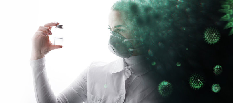 Double Exposure Of Female In Medical Mask And Abstract Virus Strain Model Of MERS-Cov. Coronavirus 2019-nCov. Portrait Of Young Woman Scientist Analyzes Test Tube With Liquid In Hand.  