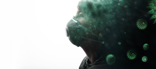 Double exposure of male face and abstract virus strain model of MERS-Cov. Young boy in protective respirator. Child wearing medical mask. Free space for text. Coronavirus 2019-nCov.