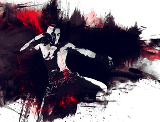 Thai boxer in the ring hits with a knee. The concept of sports, gyms, boxing clubs.