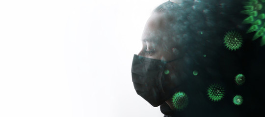 Obraz premium Double exposure of female in medical mask and abstract virus strain model of MERS-Cov. Coronavirus 2019-nCov. Closeup portrait of young woman in protective respirator. Free space for text.