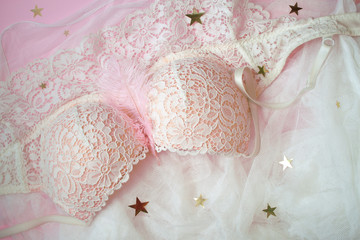 Beautiful lace bra on pink background and wedding veil with golden stars