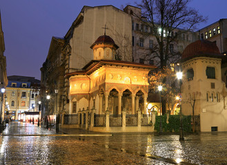  Stavropoleos Church at night, Bucharest. Old town tourist attraction in Romania 