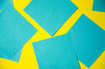 Multi-colored stickers for notes, reminders. On a yellow background, stickers around the screen. In the middle is an empty place. A place for text.  COPY Space