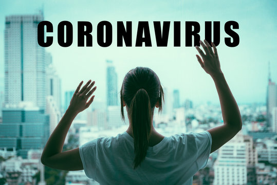 Woman On Coronavirus Quarantine And Confinement Concept. Worldwide Infection Biohazard.