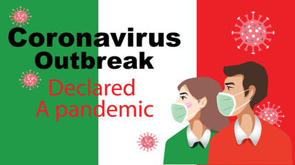 Man and woman wear medical mask, People who are in anxiety and fear because of the corona virus. novel Cover-19 nCoV, Italy flag  illustration. Vector