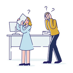 Concept Of Stressed Office Situations, Work And Staff. Office Employees Man And Woman Is Covering Head And Ears Because Of Loud Shouting Of Their Boss. Cartoon Linear Outline Flat Vector Illustration