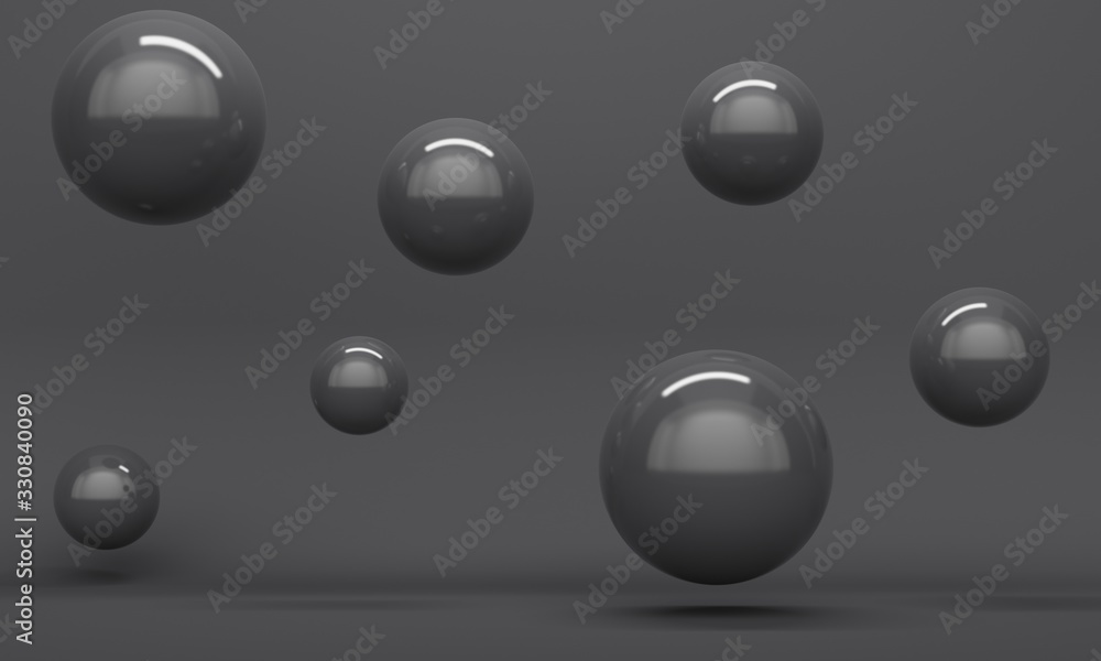 Poster black abstract background with flying shiny spheres. backdrop design for product promotion. 3d rende