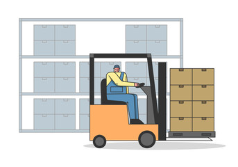 Work Process In Warehouse With Professional Work Staff. Male Character Is Working On Forklift, Meet Deadlines Of Shipment Goods. Transport Logistics. Cartoon Linear Outline Flat Vector illustration