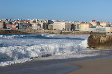 Waves and bad wheater in A Coruna city, in Spain