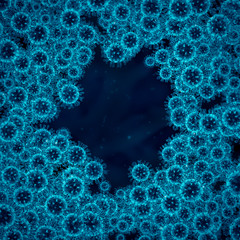 Coronavirus frame concept / 3D illustration of COVID-19 virus cells framing copy space showing club-shaped spikes projecting from virus cell membrane