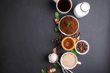 Fototapeta na wymiar Composition on a yair background with milk, fragrant coffee, salted carmela, dried mushrooms, mint.