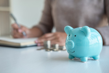 Young woman and piggy bank to planning growing saving strategy with pile coins for future plan fund...