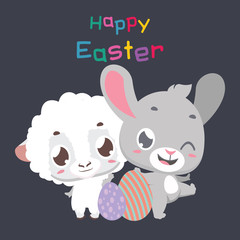 Easter greeting with cute bunny and sheep