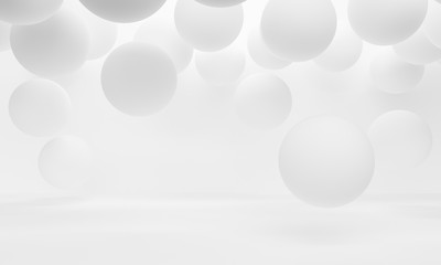 White abstract background with flying spheres. Backdrop design for product promotion. 3d rendering
