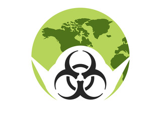 Planet earth in a medical mask with a biohazard sign. World pandemic COVID-19. Coronavirus 2019-nCoV, middle east respiratory syndrome. Vector illustration