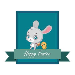 Easter greeting card with cute bunny and baby chick