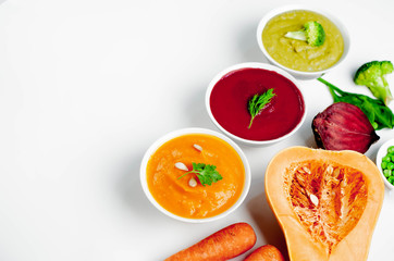 Set of vegetable soups. Soup from broccoli, spinach, green peas. Pumpkin and carrot soup. beetroot...