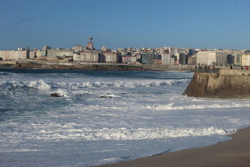 Waves and bad wheater in A Coruna city, in Spain