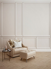 Modern classic interior.Armchair with stool and pillows,side table,vase.White wall and wooden floor. 3d rendering