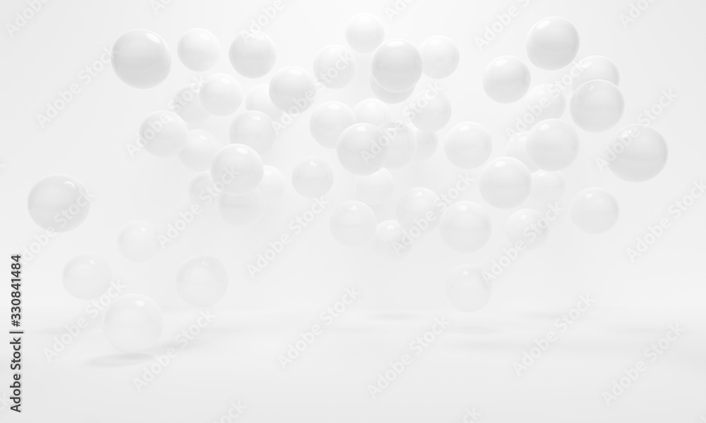 Poster white abstract background with flying shiny spheres. backdrop design for product promotion. 3d rende