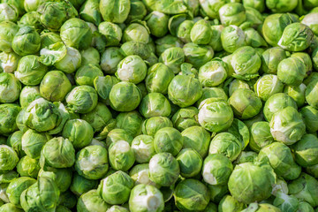 Fototapeta na wymiar Green fresh brussels sprouts on the market at daytime