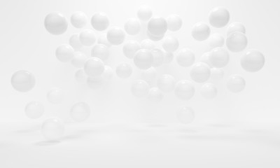 White abstract background with flying shiny spheres. Backdrop design for product promotion. 3d rendering