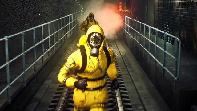 People in chemical protective clothing run out of the tunnel to go to fight the epidemic. The concept of a post-apocalyptic world after a global pandemic. Looping 3D animation.