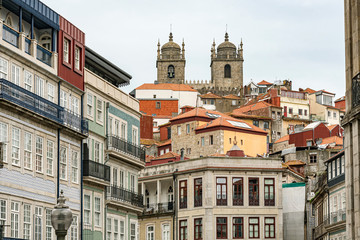 Colorful buildings in the city of Porto in Portugal. Low angle photographic view of the Cathedral in Porto